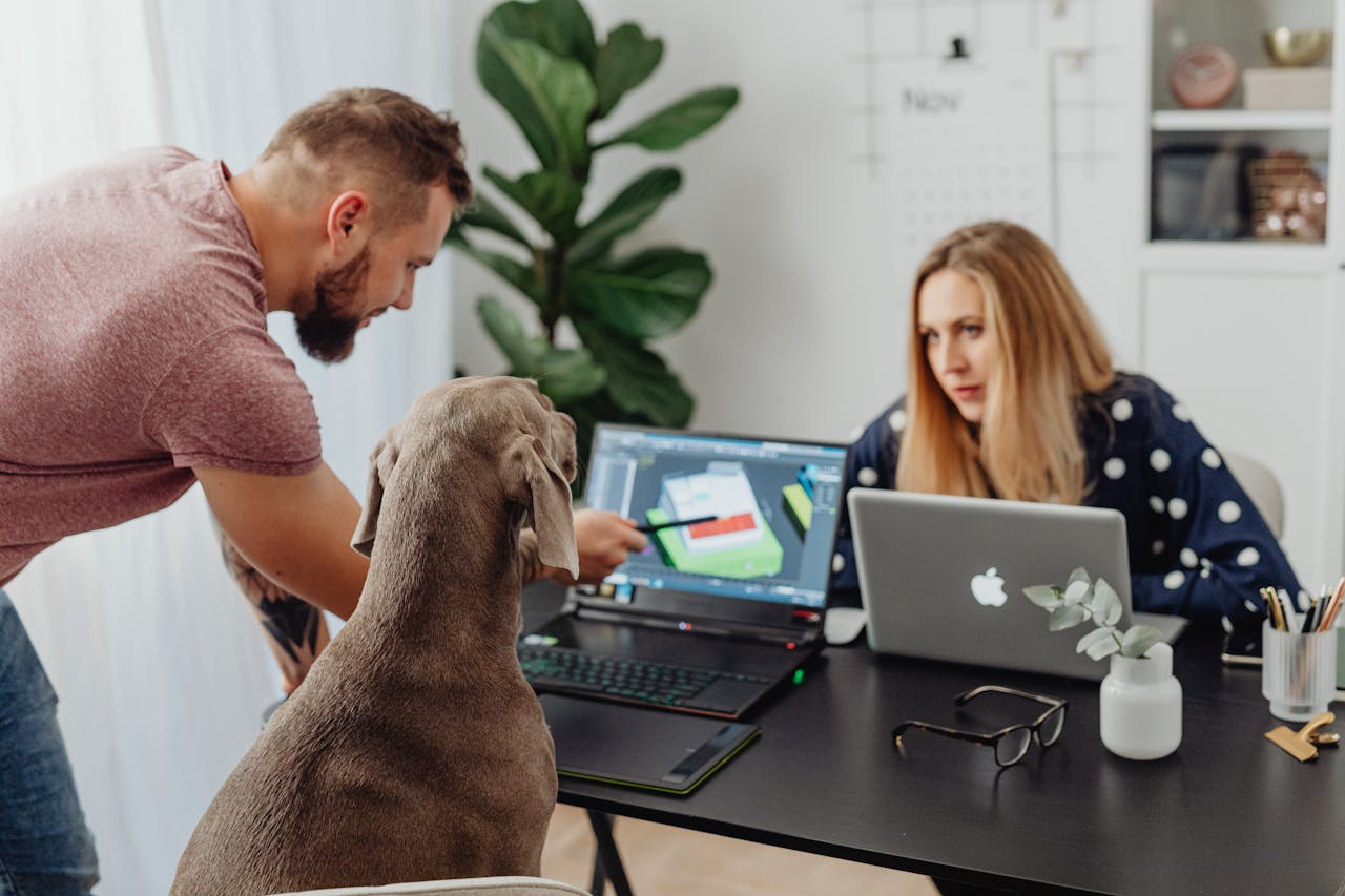 Man and woman working at a table with laptops and a dog, fostering teamwork.